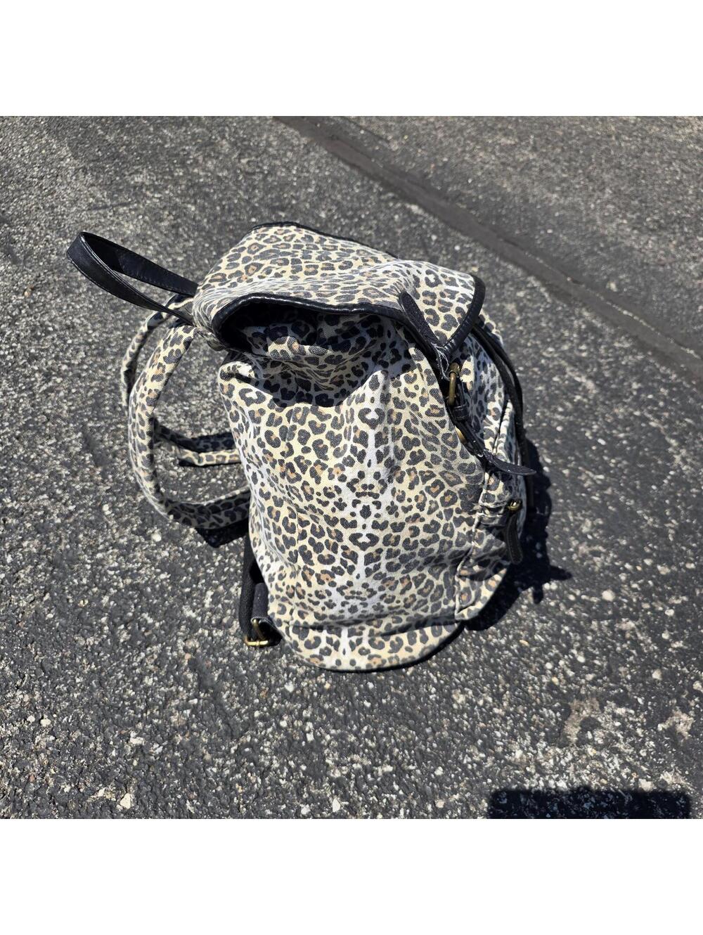Leopard Print Vegan Leather Straps 90's Grunge Indie Sleaze Drawstring Backpack - Picture 2 of 8